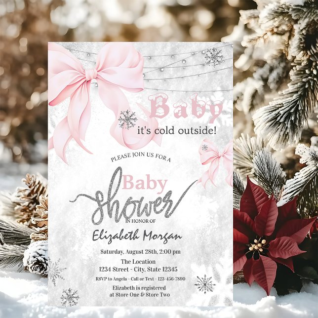 Invitation  Pink Bow Snowflakes String Lights Baby Shower (Créateur téléchargé)