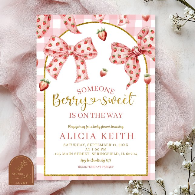 Invitation Pink Bow strawberry berry sweet baby shower (Créateur téléchargé)