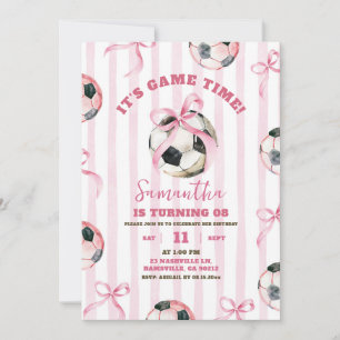 Invitation Pink Bow Stripes Girl Soccer Jeu Anniversaire
