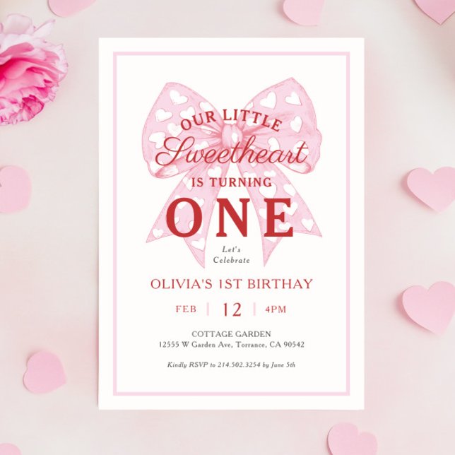 Invitation Pink Bow Sweetheart Est Une Fille 1er Anniversaire (Créateur téléchargé)