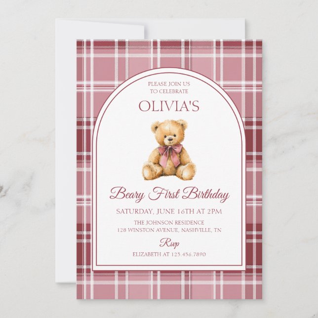 Invitation Pink Bow Teddy Bear Tartan Birthday (Devant)