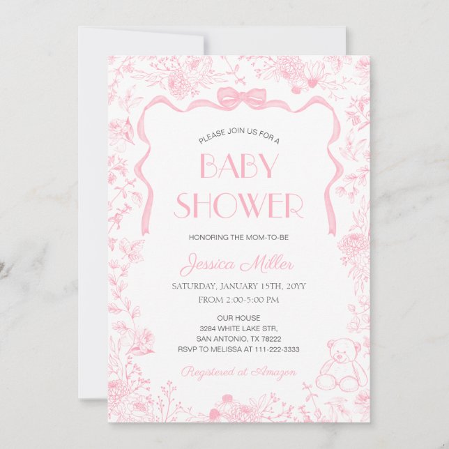 Invitation Pink Bow Toile De Jouy Girl Baby Shower (Devant)