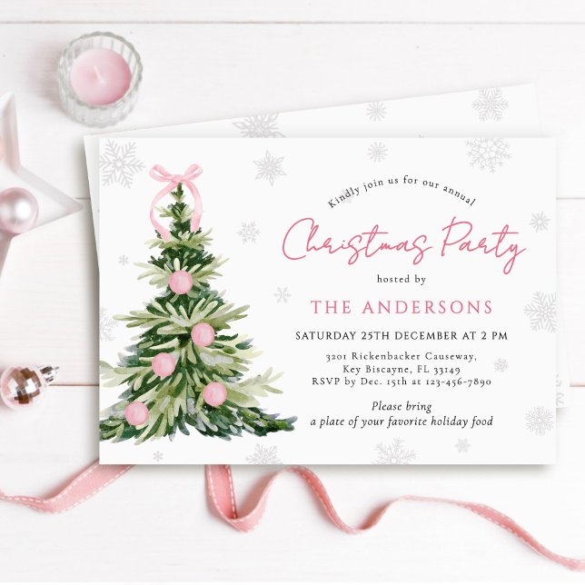 Invitation Pink Bow Traditional Tree Christmas Party (Créateur téléchargé)