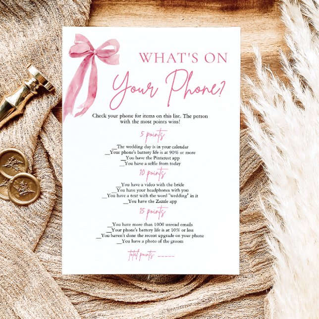 Invitation Pink Bow What's On Your Phone Fête des mariées Gam (Pink Bow What's On Your Phone Bridal Shower Game)