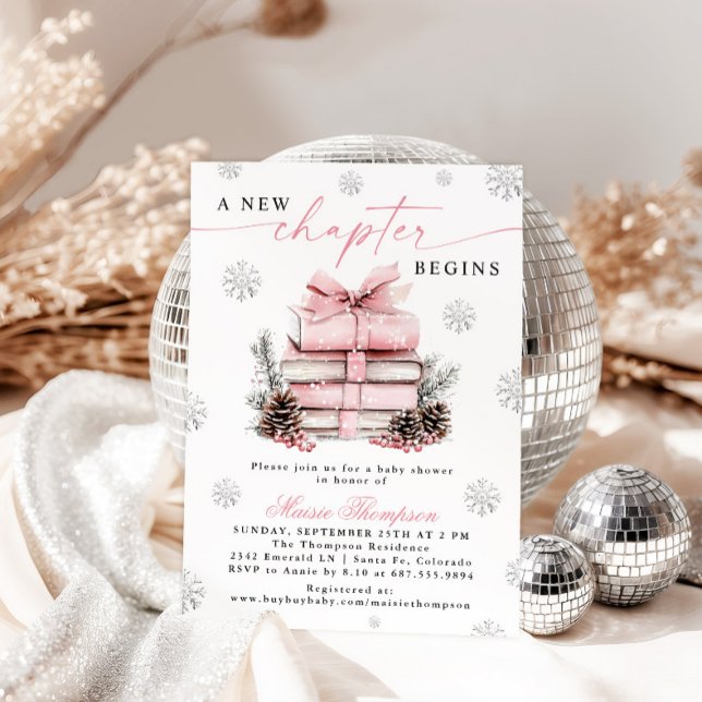 Invitation Pink Bow Winter Baby Shower A New Chapter Begins (Créateur téléchargé)