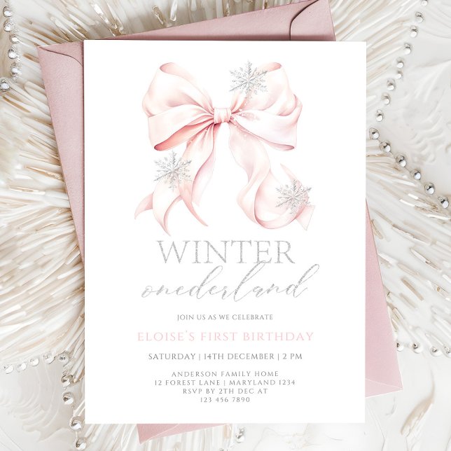 Invitation Pink Bow Winter Onederland 1er anniversaire Invita (Créateur téléchargé)