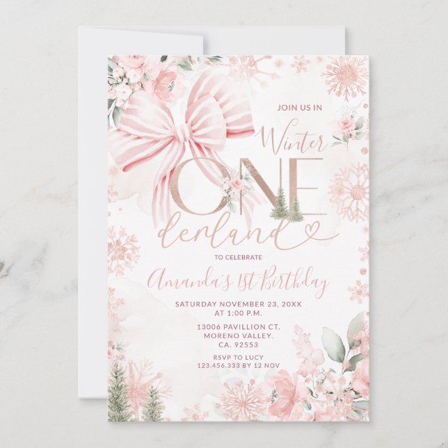 Invitation Pink Bow Winter Onederland Floral First Birthday (Devant)