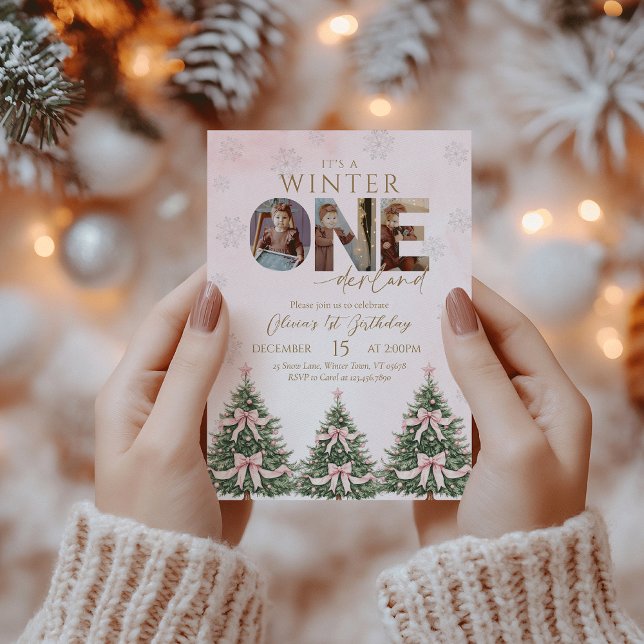 Invitation Pink Bow Winter Onederland Girl 1st Birthday Photo (Créateur téléchargé)