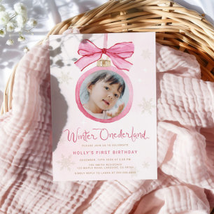 Invitation Pink Bow Winter Onederland Premier anniversaire