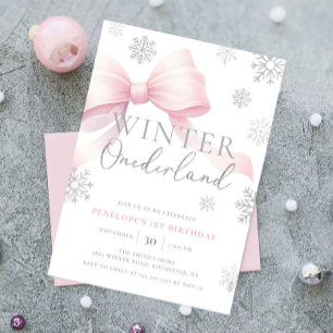 Invitation Pink Bow Winter Onederland Snowflake 1er anniversa