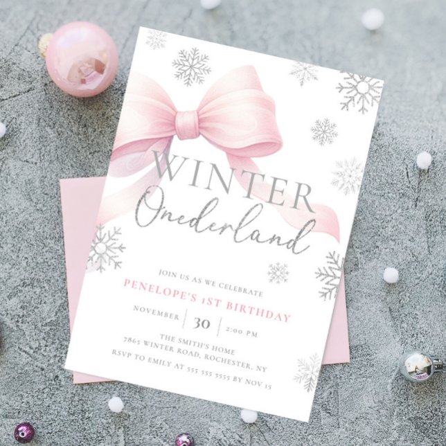 Invitation Pink Bow Winter Onederland Snowflake 1er anniversa (Créateur téléchargé)