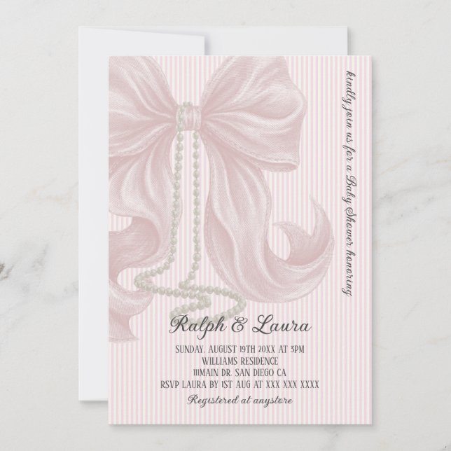 Invitation Pink Bow with Pearl Girl Baby Shower (Devant)