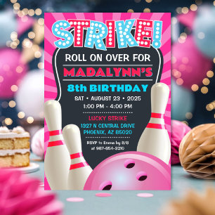 Invitation Pink Bowling Party filles Anniversaire