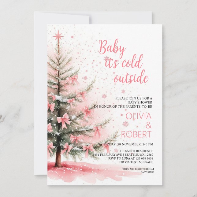 Invitation Pink Bows and Christmas Tree Baby Shower (Devant)