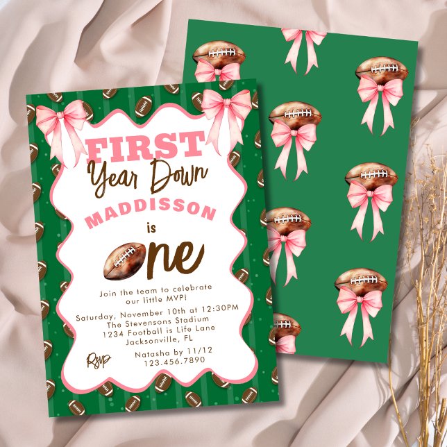 Invitation Pink Bows First Year Down Football 1st Birthday  (Créateur téléchargé)