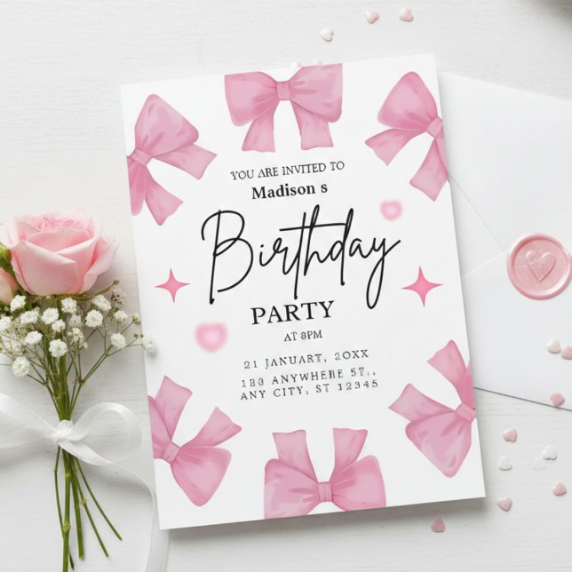 Invitation Pink Bows & Hearts Girl's Birthday Party  (Créateur téléchargé)