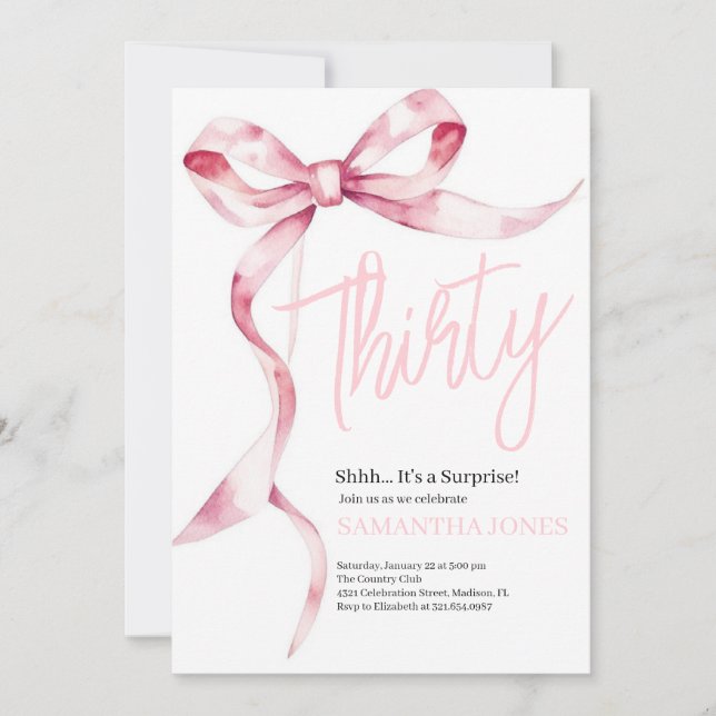 Invitation Pink Bows Moderne Trente fête d'anniversaire (Devant)