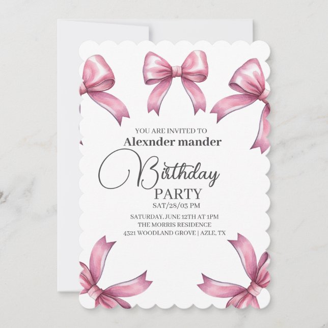 Invitation Pink Bows tendance Fille Anniversaire (Devant)