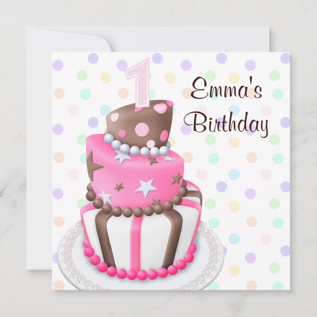 Invitation Pink Brown Cake présente Filles 1er Anniversaire (Devant)