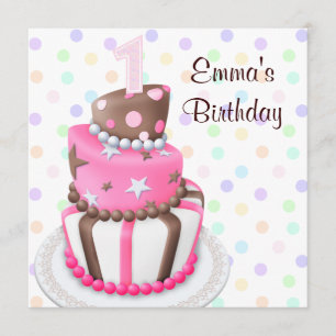 Invitation Pink Brown Cake présente Filles 1er Anniversaire