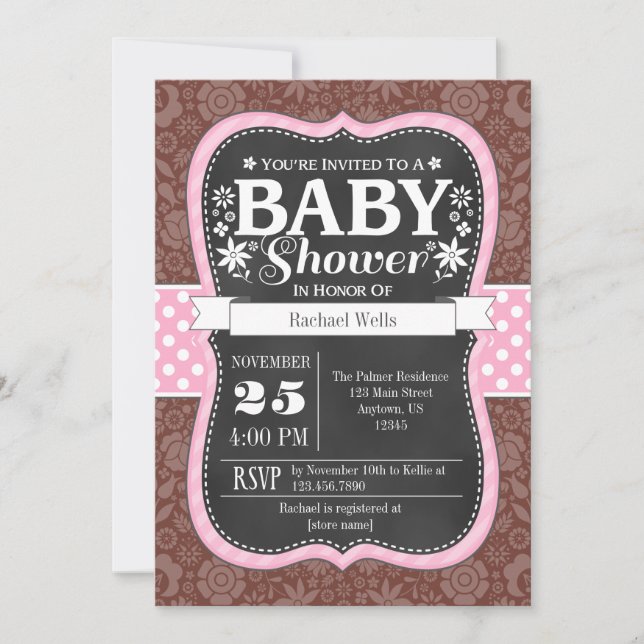 Invitation Pink Brown Chalkboard Floral Baby shower Invitatio (Devant)