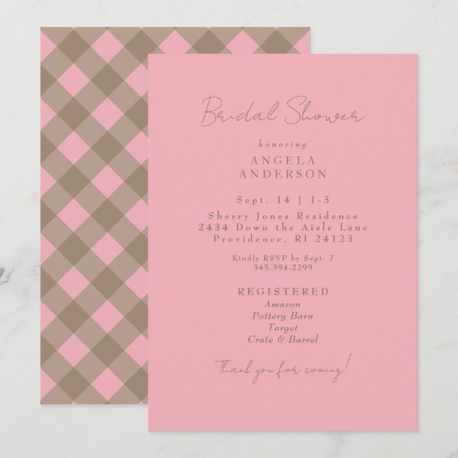 Invitation Pink & Brown Gingham Bridal Shower (Devant / Derrière)