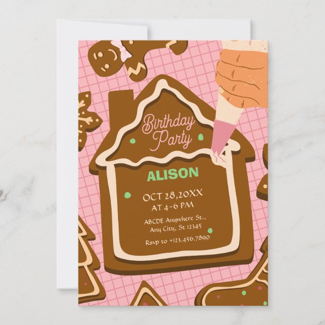 Invitation Pink brown mignon pain d'épices anniversaire (Devant)