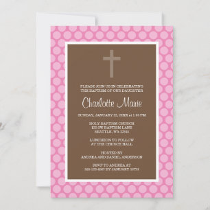 Invitation Pink Brown Polka Dot Cross Baptisme