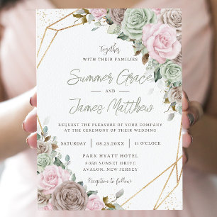 Invitation Pink Brown Sage Vert Floral or Mariage