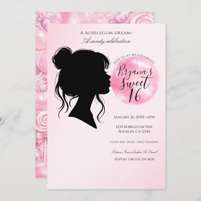 Invitation Pink Bubblegum Dream Candy Sweet 16 Celebration   (Devant / Derrière)