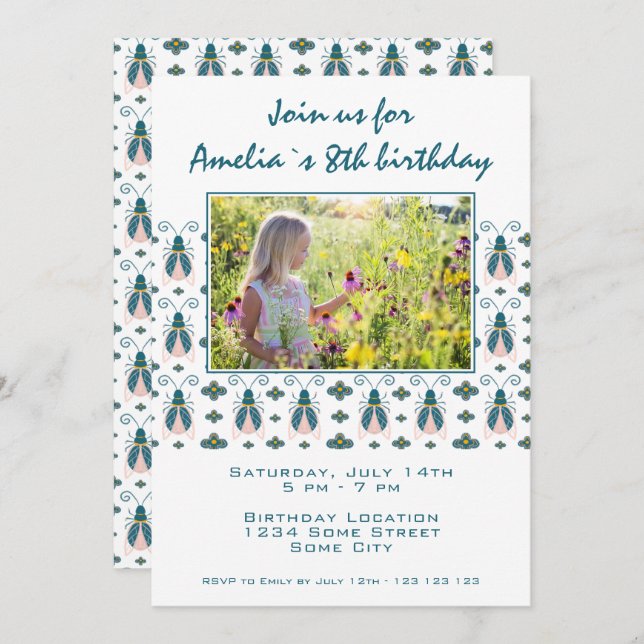 Invitation Pink Bugs Flower Motif Photo Anniversaire (Devant / Derrière)