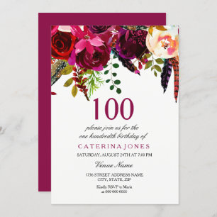 Invitation Pink & Burgundy Boho Floral 100e fête d'anniversai