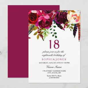 Invitation Pink & Burgundy Boho Floral 18e fête d'anniversair