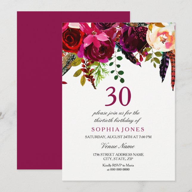 Invitation Pink & Burgundy Boho Floral 30e fête d'anniversair (Devant / Derrière)