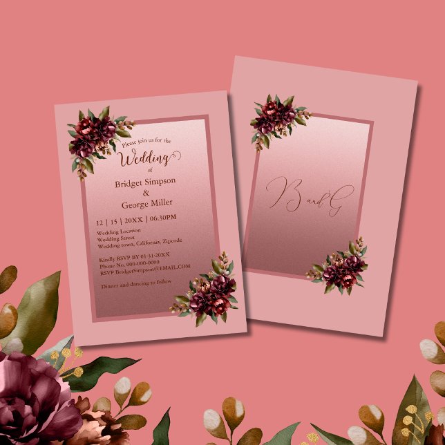 Invitation Pink Burgundy Floral Frame wedding (Créateur téléchargé)