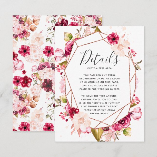 Invitation Pink Burgundy Geometry Terrarium Détails du Mariag (Devant / Derrière)