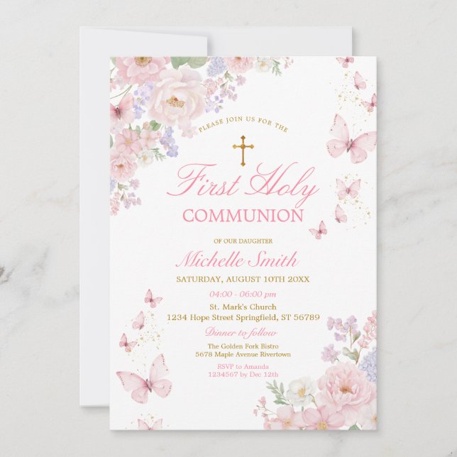 Invitation Pink Butterflies Dusty Floral First Holy Communion (Devant)
