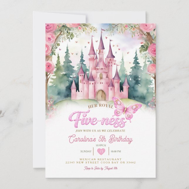 Invitation Pink Butterfly Castle Her Royal Five-ness Birthday (Devant)