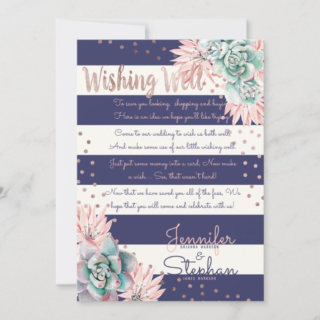 Invitation Pink Cactus Marine Stripes Rose Gold Wishing well (Devant)