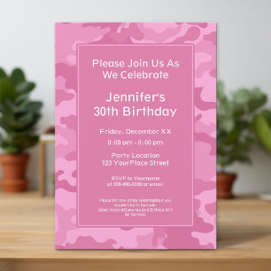 Invitation Pink Camo Militaire Thème Anniversaire