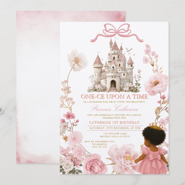 Invitation Pink Castle Princess One-ce Upon A Time Birthday I (Devant / Derrière)