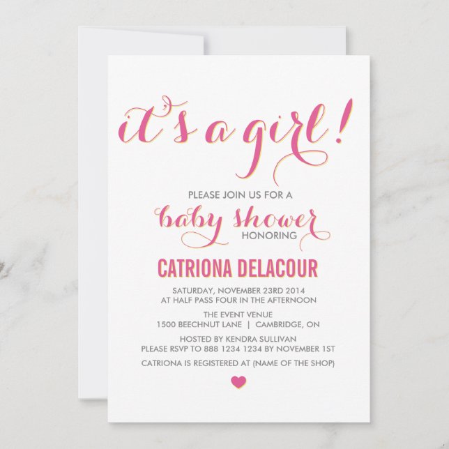 Invitation Pink C'est une fille Baby shower de typographie In (Devant)