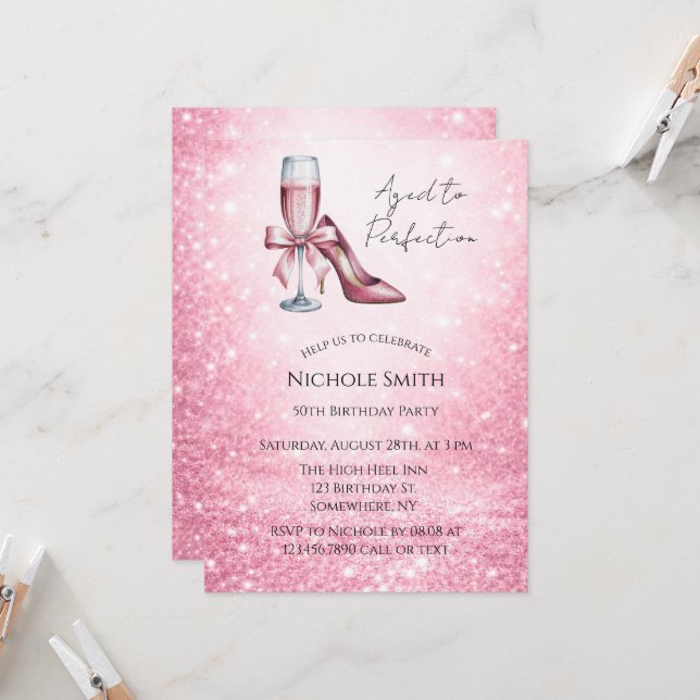 Invitation Pink Champagne Glass Aged To Perfection Birthday (Devant/Arrière en situation)