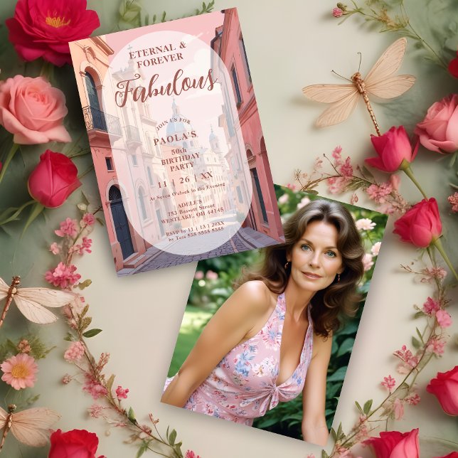 Invitation Pink Charming Ancient Cityscape Oval Translucent (Pink Charming Ancient Cityscape 50th Birthday Invitation Card with Oval Translucent Overlay. )