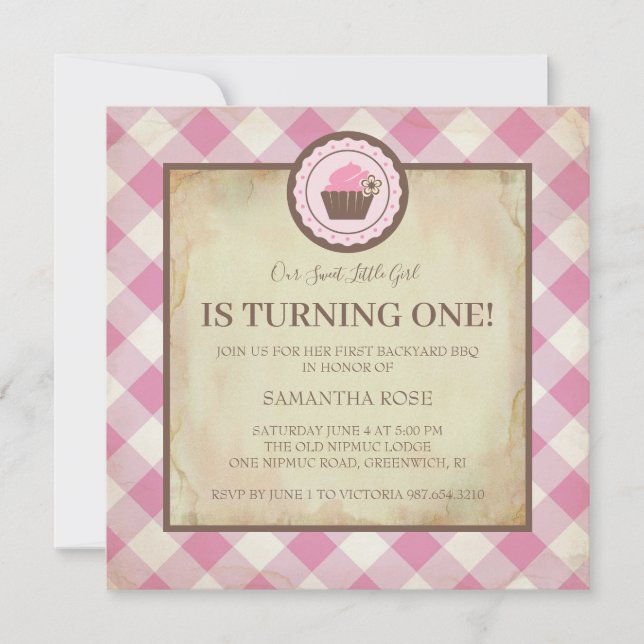 Invitation Pink Checker et Cupcake Birthday BBQ (Devant)