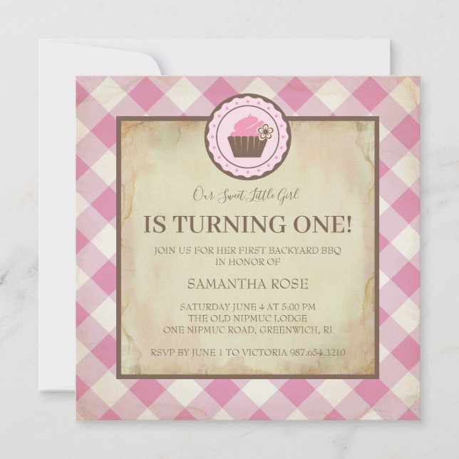 Invitation Pink Checker et Cupcake Birthday BBQ (Devant)