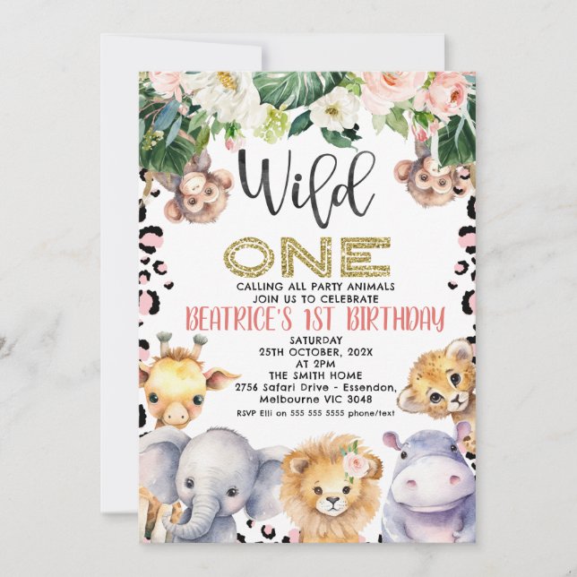 Invitation Pink Cheetah Imprimer Safari Wild One 1er annivers (Devant)