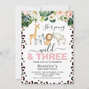 Invitation Pink Cheetah Imprimer Young Wild et Three Birthday