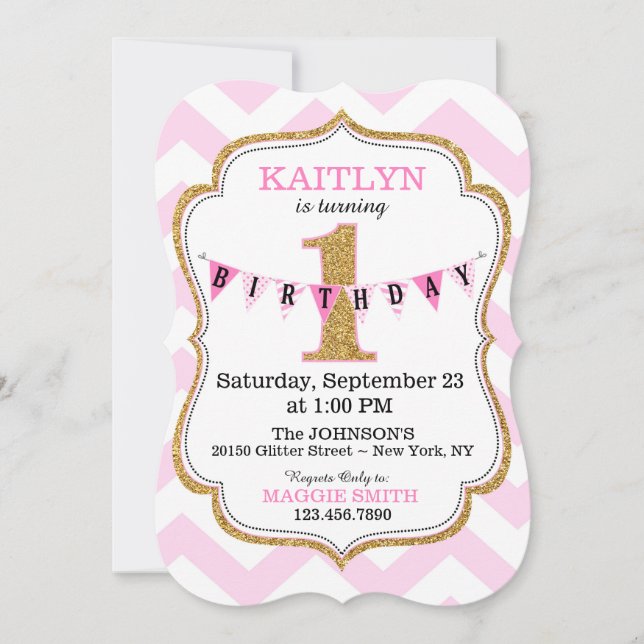 Invitation Pink Chevron Imprimer Gold Parties scintillant Pre (Devant)
