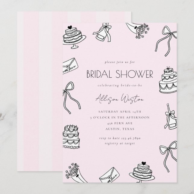 Invitation Pink Chic Bows Cakes and Champagne Bridal Shower (Devant / Derrière)